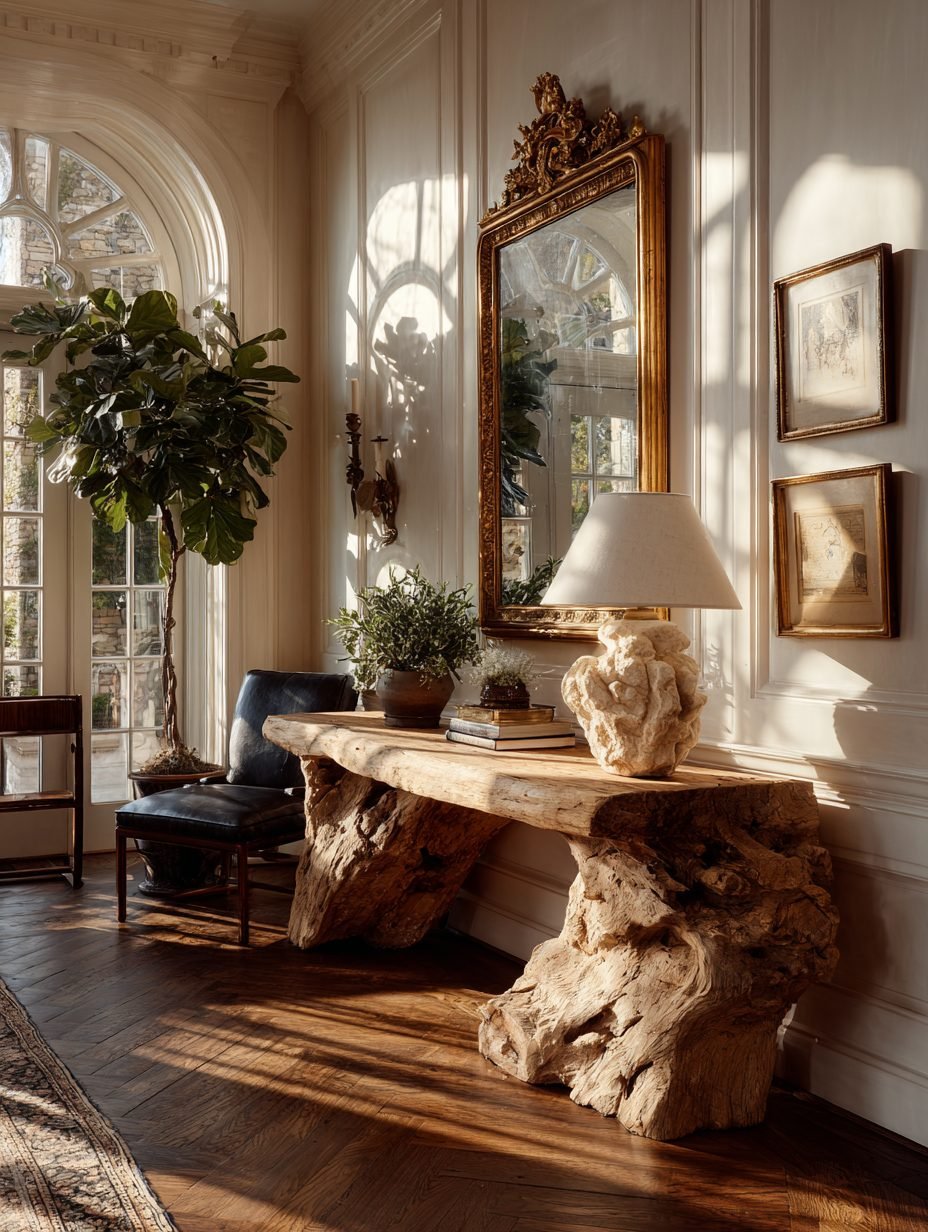 Aged wooden console with a rich patina in warm light