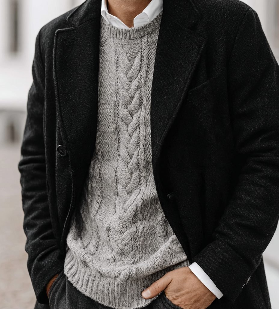 A charcoal wool overcoat worn over a cable-knit sweater