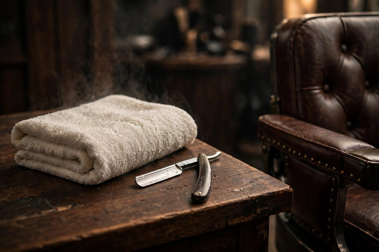 A straight razor and folded hot towel on dark wood in a classic barbershop