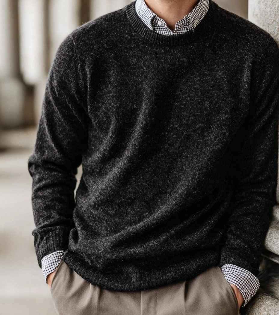 A fine-knit wool sweater worn under a wool coat