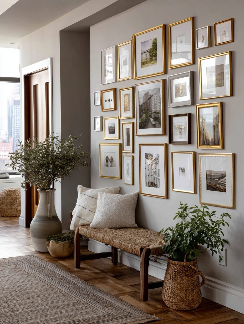 A gallery wall of mismatched frames arranged organically