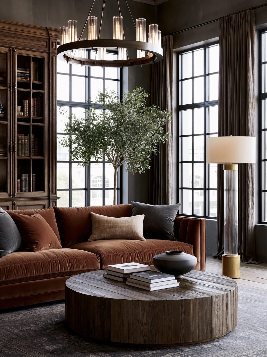A deep brown velvet sofa beside a bookcase wall, a lived-in reading corner