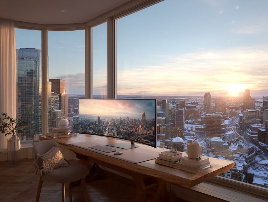 A walnut desk with an ultrawide monitor and an extra-long leather desk mat