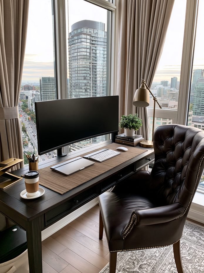 An ultrawide monitor beside a folded laptop on a dark desk