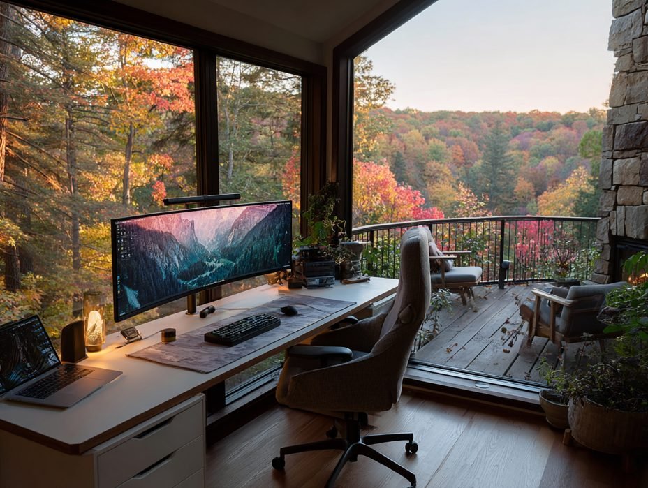 An ergonomic chair pulled up to a tidy desk in natural daylight