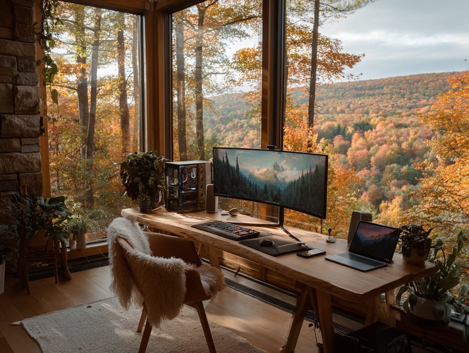 A walnut desk with an ultrawide monitor in warm daylight