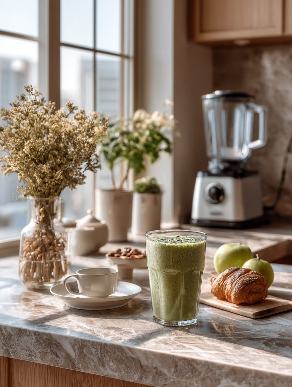 Tall green smoothie next to a blender on a marble counter in morning light
