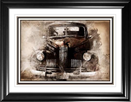 Antique car framed print in sepia tones with a black frame and white mat
